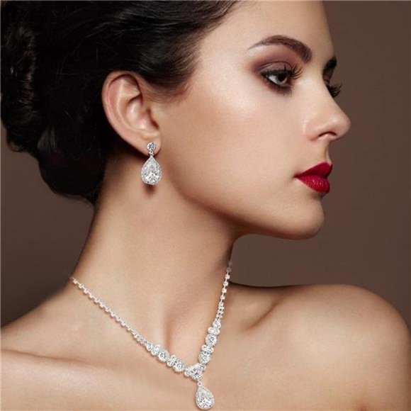 Bride Jewelry Set Silver Crystal Wedding Necklace Earrings Bridal Rhinestone - Picture 3 of 6